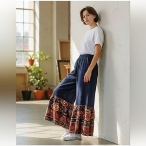 UMGEE Sz S Flared Boho Pants Ruffle Palazzo Stretch Waist Boutique Navy Colorful